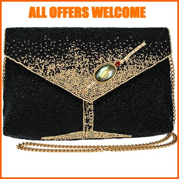 Beaded Crossbody Clutch with Gem Accent & Removable Chain Strap